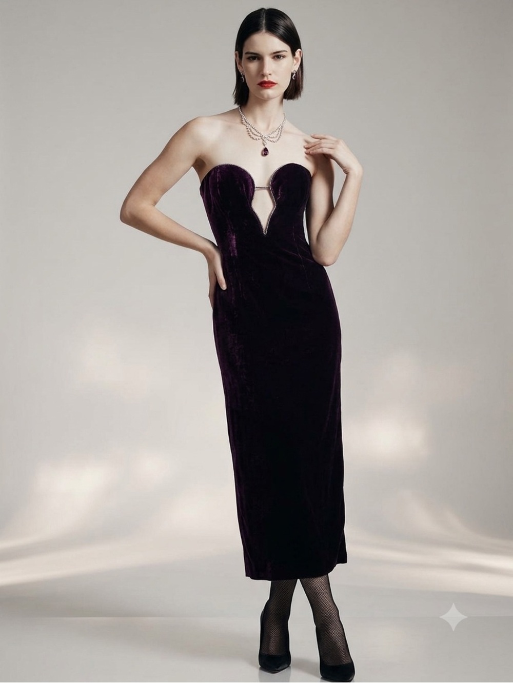 Bardot Strapless Velvet‎ Evening Formal Gown in Deep Plum Midi Dress Size   8
